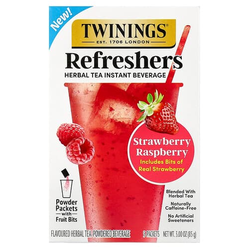 Twinings, Refreshers, Herbal Tea Instant Beverage, Strawberry Raspberry, Caffeine Free, 5 Packets, 0.6 oz (17 g) Each
