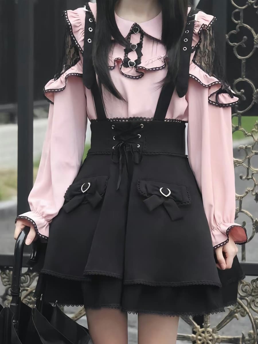 Abiti da Lolita gotica Camicetta con gonna a maniche lunghe in pizzo con volant rosa