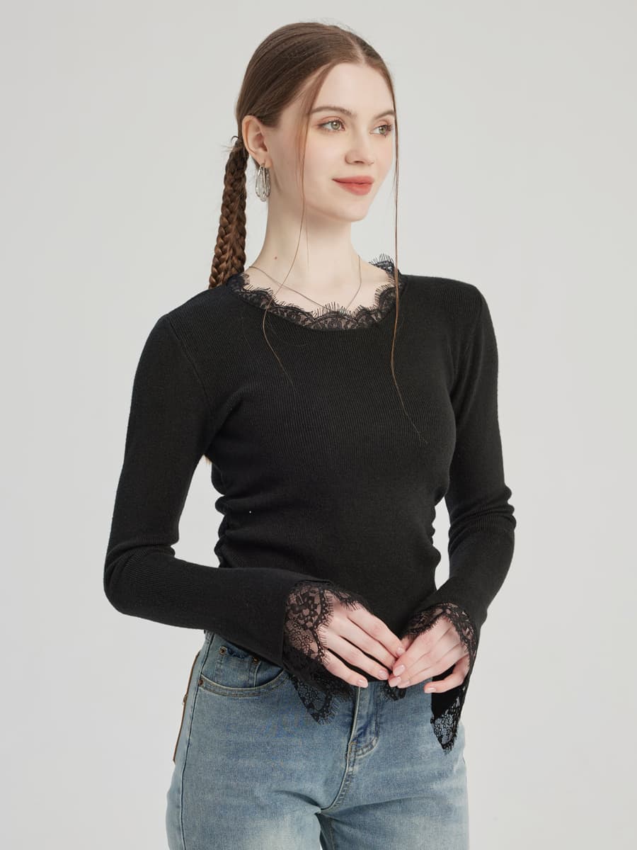 T-shirt nera basic con decorazione in pizzo girocollo primavera top per donna 2026