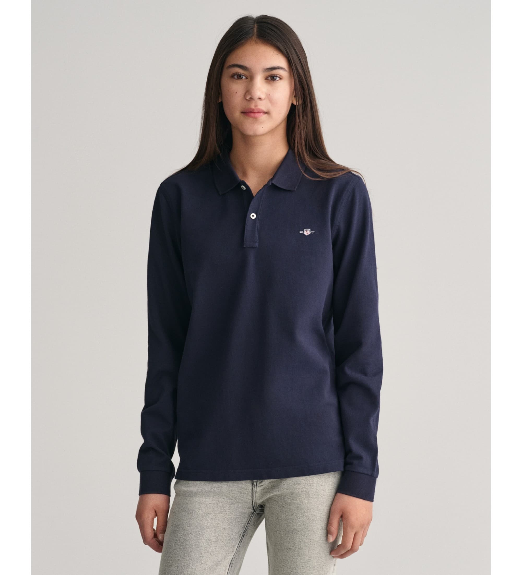 Gant unisex para criança. 905707 Pólo em piqué azul-marinho Shield (9/10años= 134/140cm), Casual, Algodão, Manga comprida, moda infantil