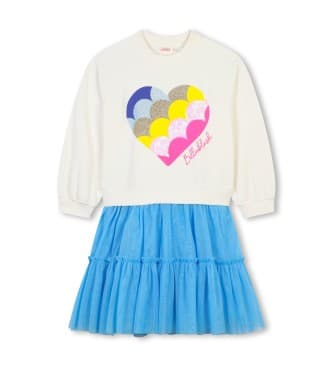 Billieblush para menina. U20515 Vestido bimatéria bege e azul (6Y= 114/119cm), Casual, Poliéster, Manga comprida, moda infantil