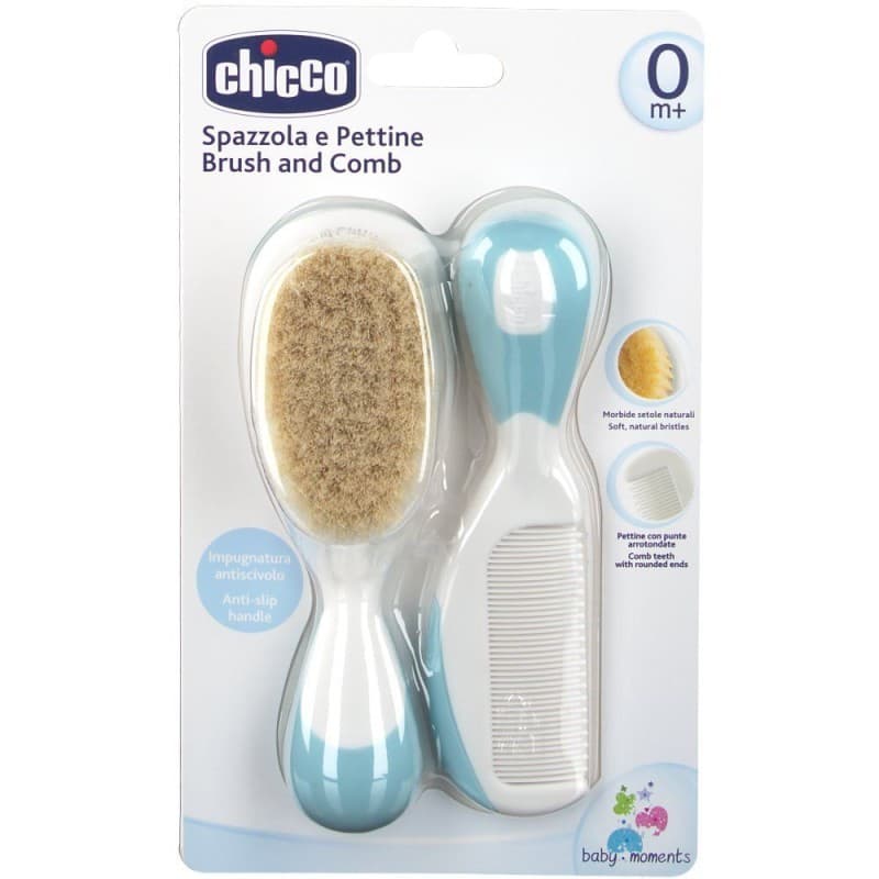 Chicco Spazzola + Pettine Azzurro per Cura Capelli Neonati e Bambini Confezione da 2 Pezzi