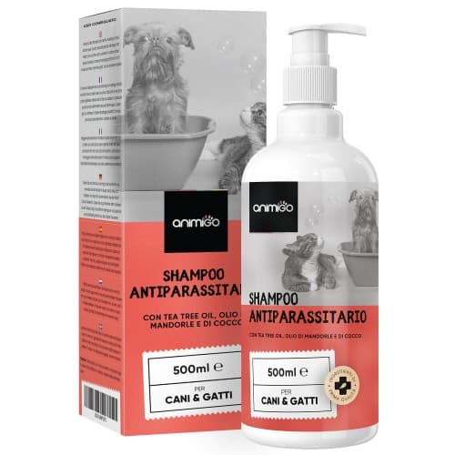 Shampoo antiparassitario per cani e gatti - 500 ml - Con olio di tè e olio di neem - Shampoo naturale per eliminare le pulci e le zecche