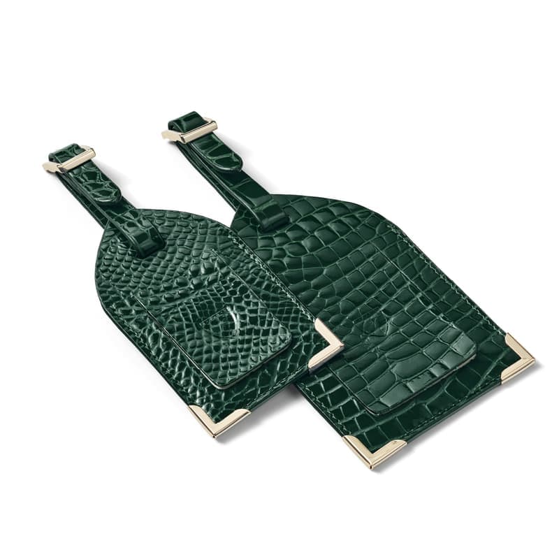 Aspinal of London Set of 2 Luggage Tags in Evergreen Patent Croc
