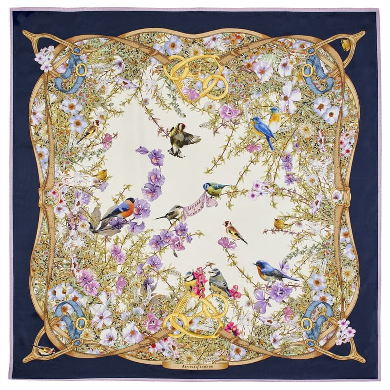 Aspinal of London Edwardian Garden Silk Scarf in Navy Pure Silk Twill