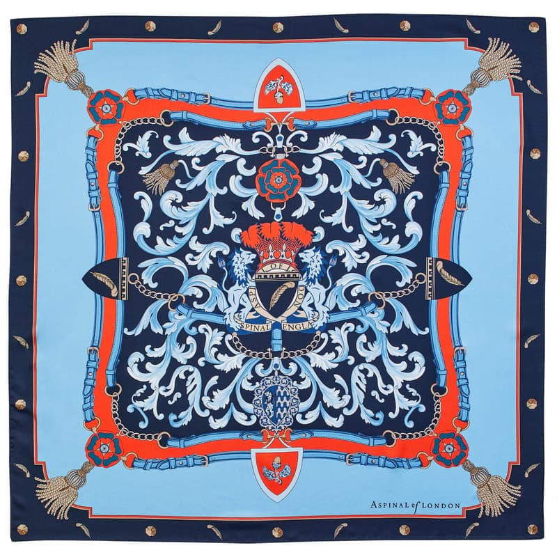 Aspinal of London Signature Shield Silk Scarf in Navy & Burnt Sienna