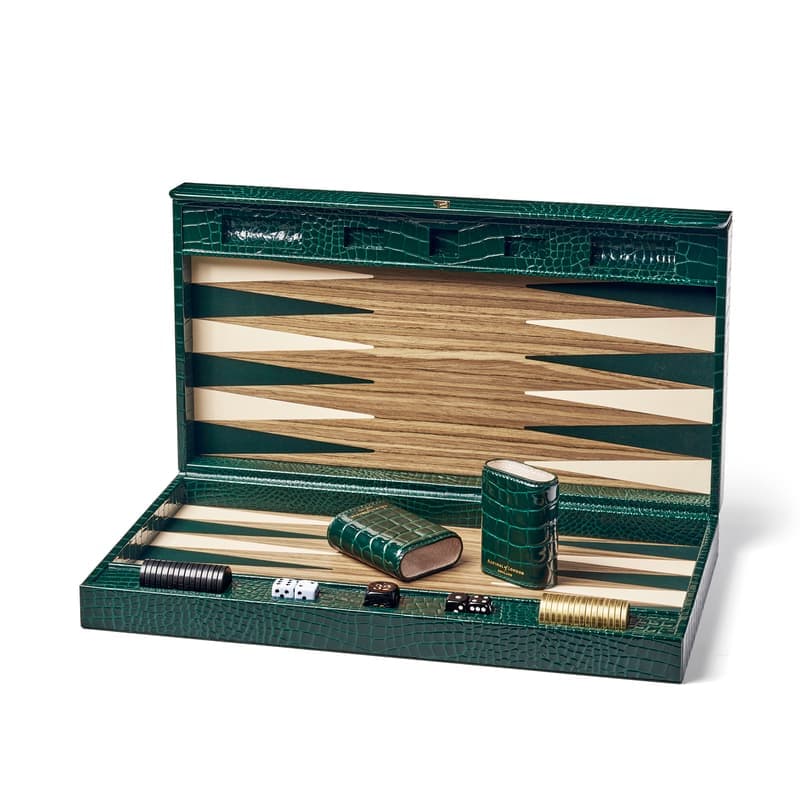 Aspinal of London 17-inch Backgammon Set in Evergreen Patent Croc
