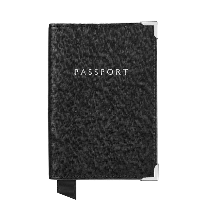 Aspinal of London Passport Cover in Black Saffiano & Black Suede