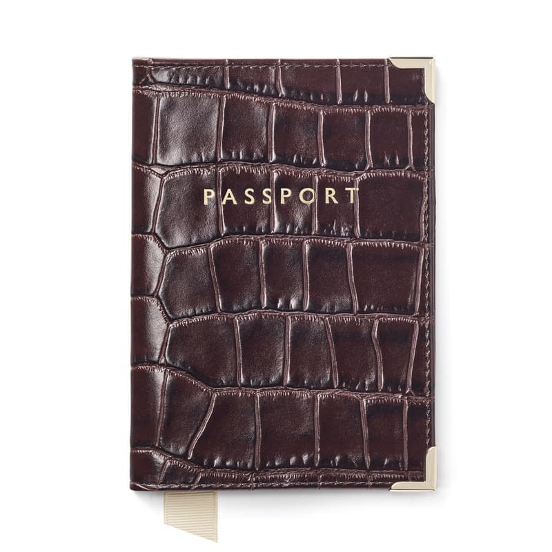 Aspinal of London Passport Cover in Deep Shine Amazon Brown Croc