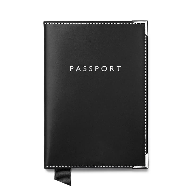 Aspinal of London Passport Cover in Smooth Black & Cobalt Blue Suede