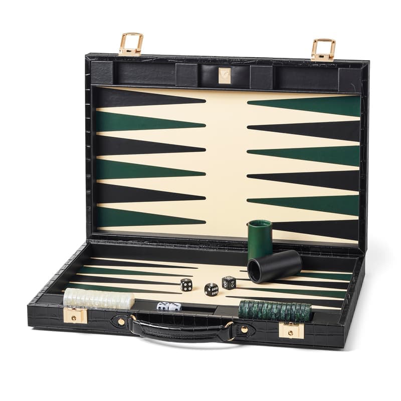 Aspinal of London 17-inch Backgammon Set in Deep Shine Black Croc