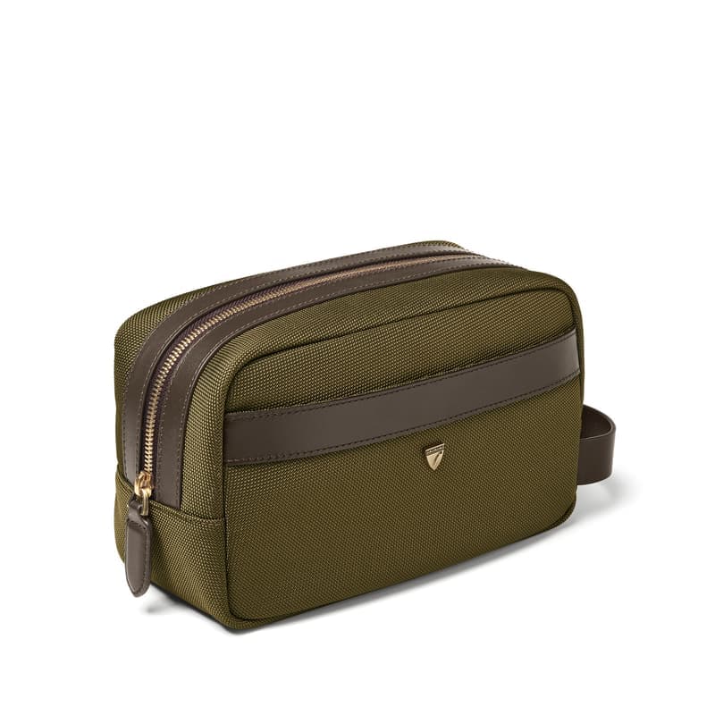 Aspinal of London Men's Wash Bag in Khaki Leather-Trim Nylon Canvas