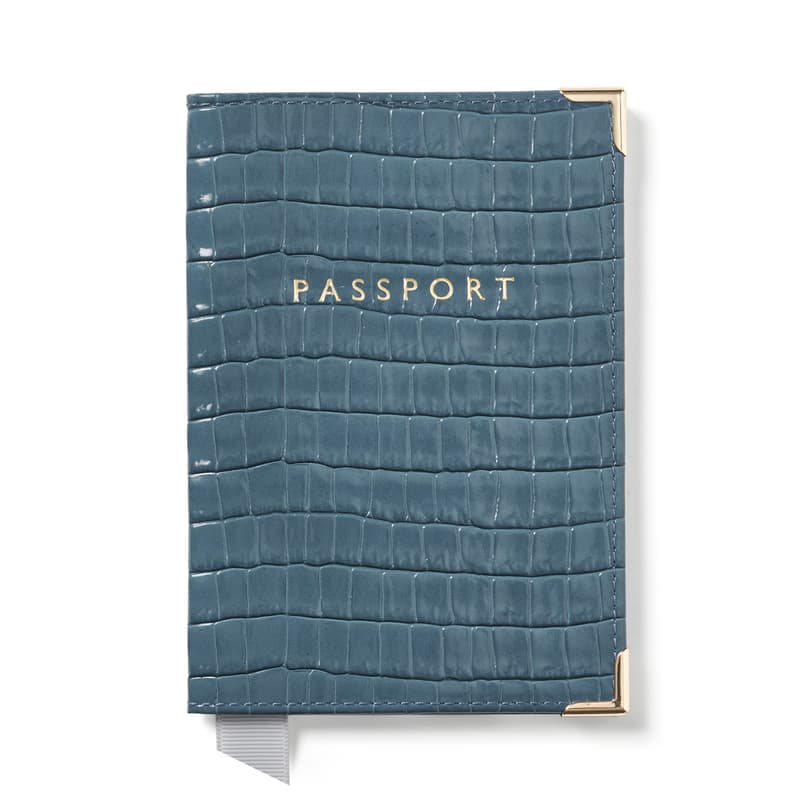 Aspinal of London Passport Cover in Deep Shine Peacock Blue Small Croc
