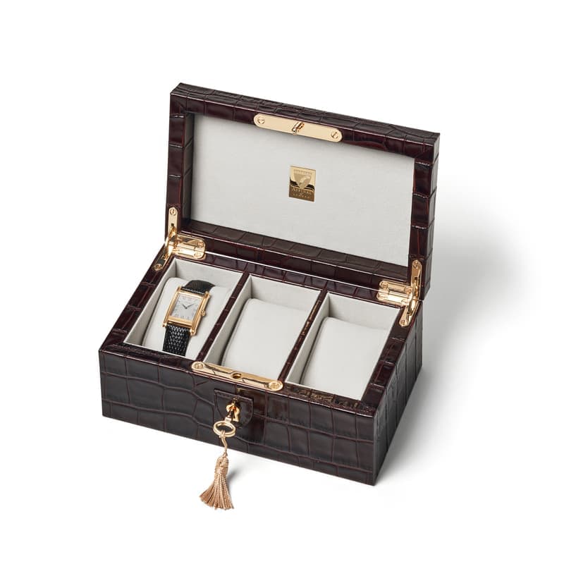 Aspinal of London Three Piece Watch Box in Deep Shine Amazon Brown Croc