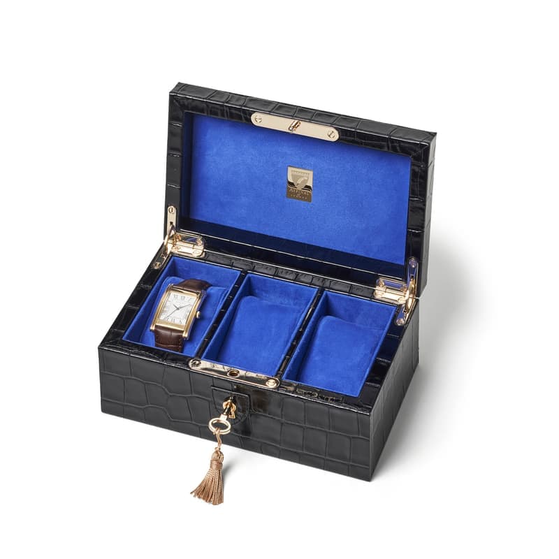 Aspinal of London Three Piece Watch Box in Deep Shine Black Croc