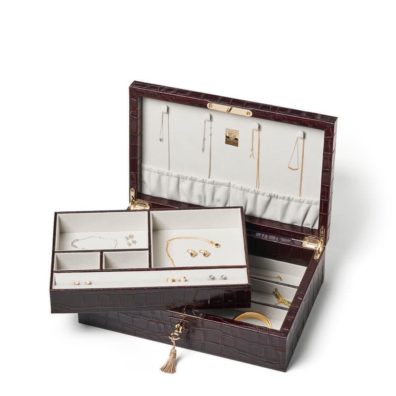 Aspinal of London Savoy Jewellery Box in Deep Shine Amazon Brown Croc