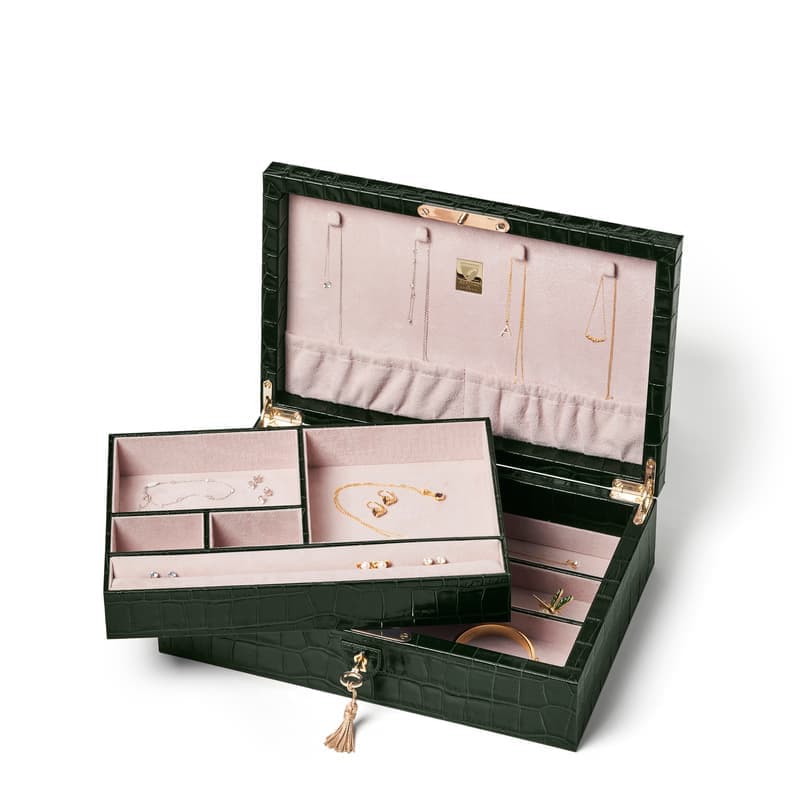 Aspinal of London Savoy Jewellery Box in Deep Shine Evergreen Croc