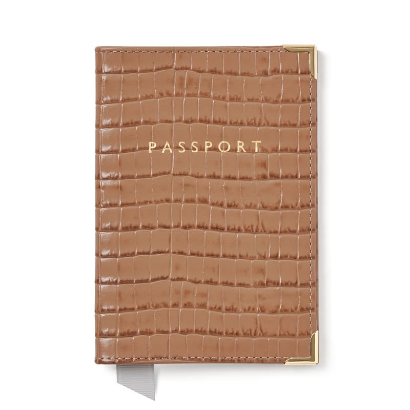 Aspinal of London Passport Cover in Deep Shine Caramel Small Croc