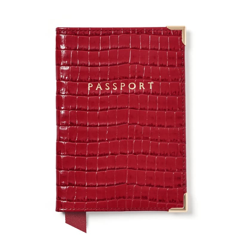 Aspinal of London Passport Cover in Deep Shine Cherry Red Small Croc