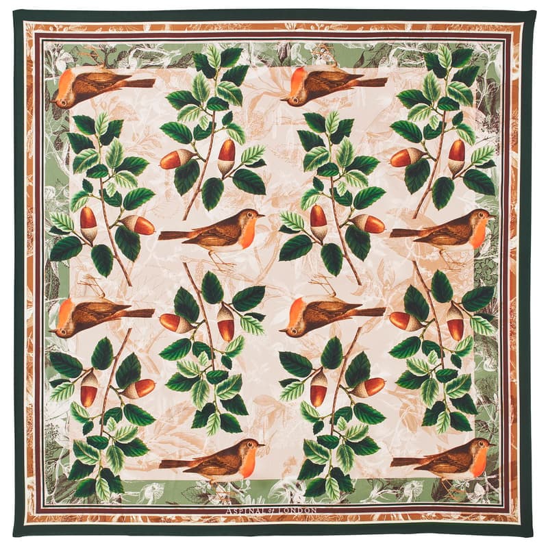 Aspinal of London Robin & Acorn Silk Scarf in Green & Brown Pure Silk