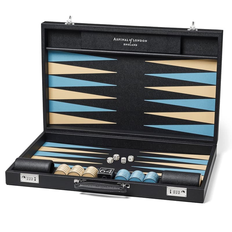 Aspinal of London 24-inch Grand Backgammon Set in Ebony & Sky Blue Pebble