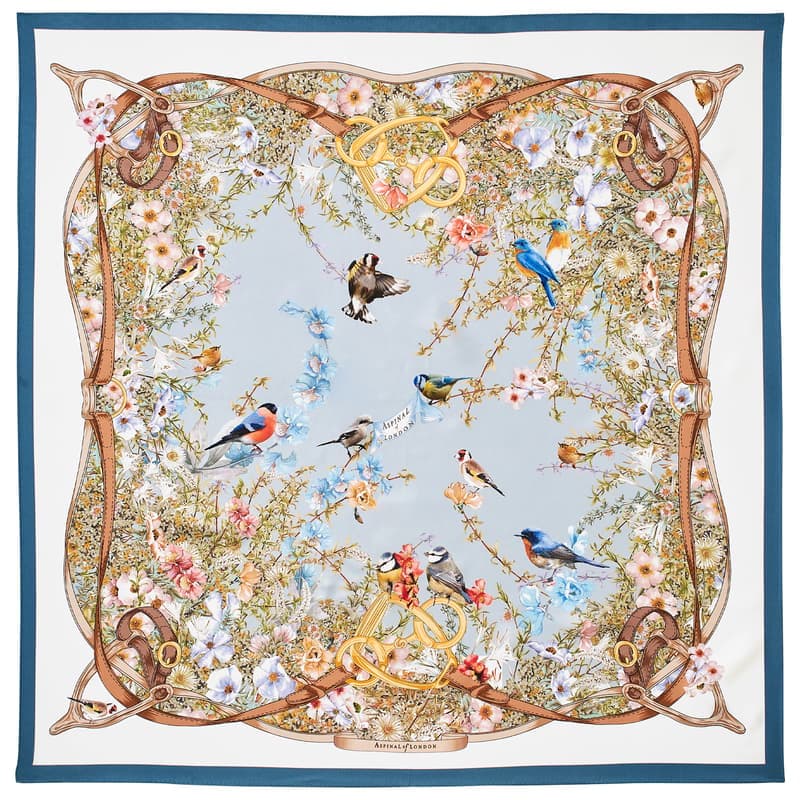 Aspinal of London Edwardian Garden Silk Scarf in Sky Blue Pure Silk