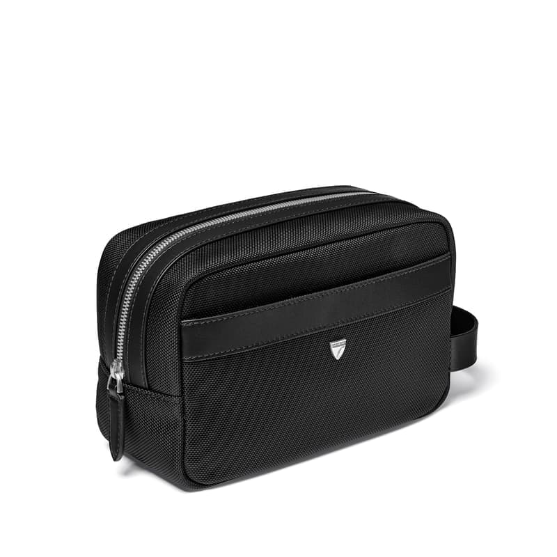 Aspinal of London Men's Wash Bag in Black Leather-Trim Nylon Canvas
