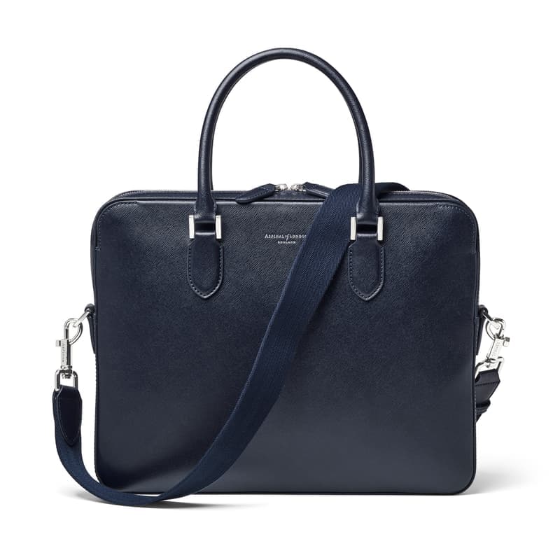 Aspinal of London Slim Leather Briefcase in Navy Saffiano