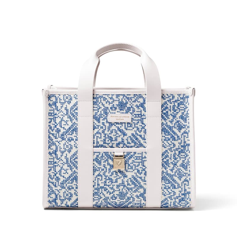 Aspinal of London Henley Tote in Toile De Jouy Hand Embroidery on Sky Blue