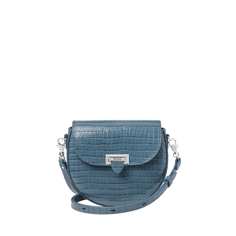 Aspinal of London Portobello Crossbody in Deep Shine Peacock Blue Small Croc