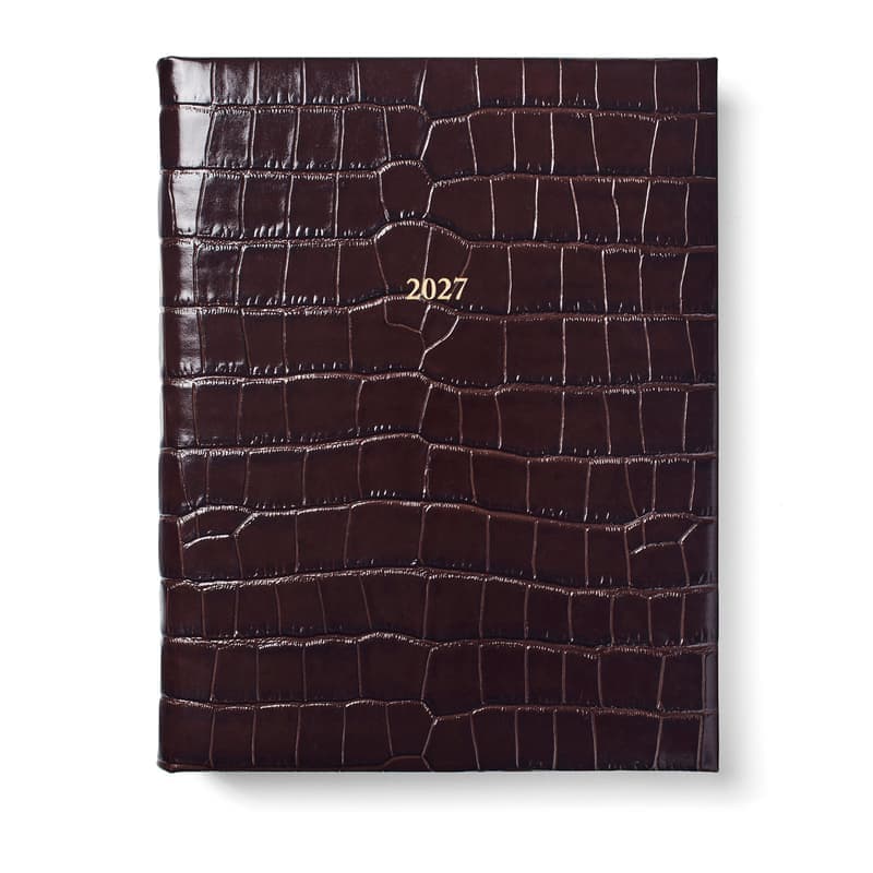 Aspinal of London 2027 A4 Day to Page Diary in Deep Shine Dark Amazon Brown Croc