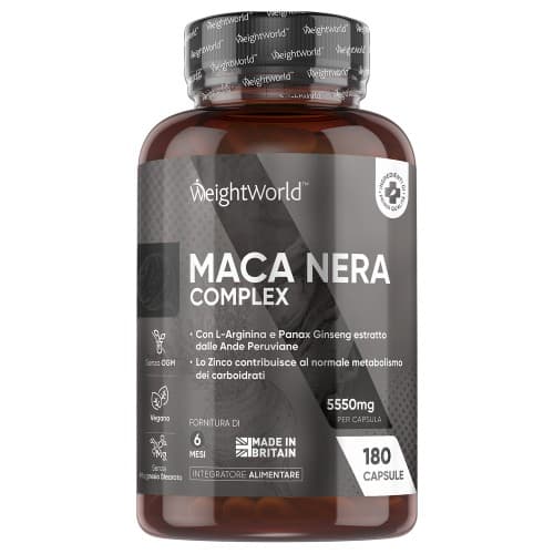 Maca Nera 180 Capsule - 5550 mg - 180 Capsule Vegane - Con L-Arginina, Panax Ginseng e Maca Gialla