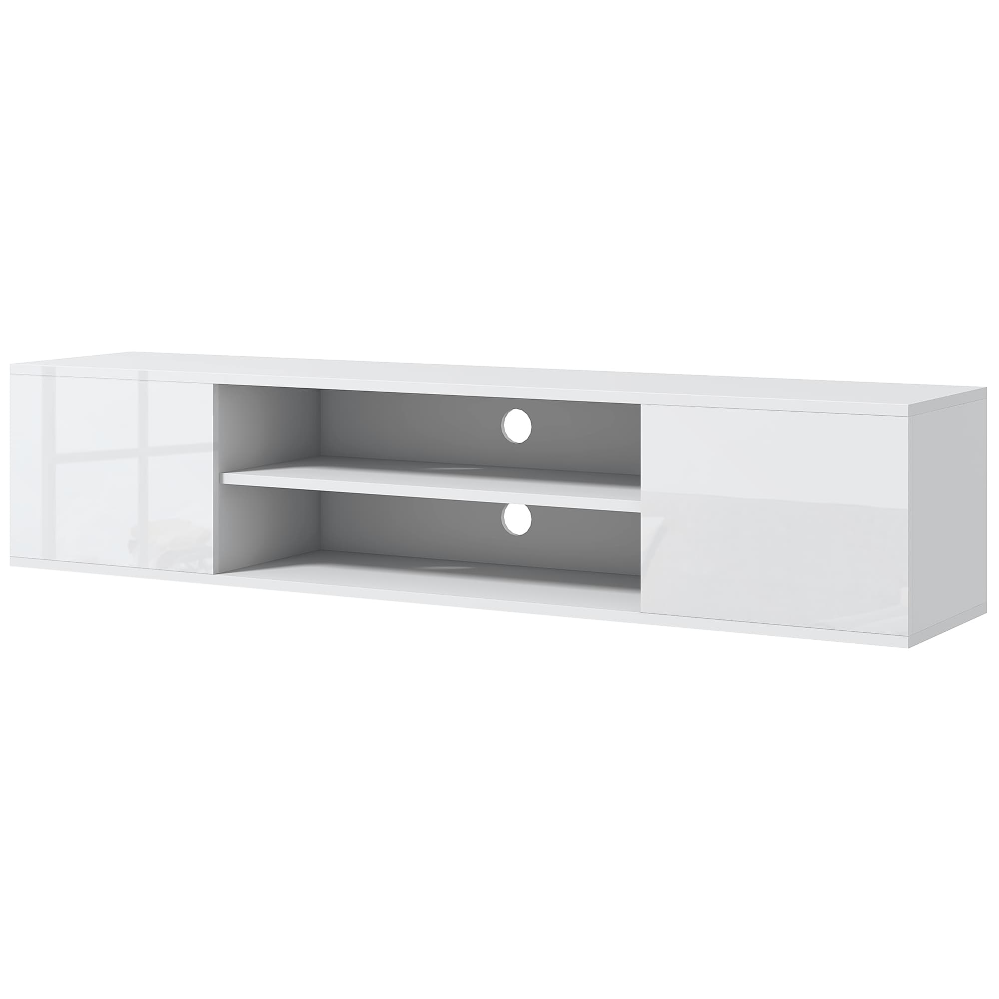 HOMCOM Móvel Bancada de TV Suspenso Estilo Contemporâneo 2 Armários 2 Prateleiras Centrais e 2 Passa Cabos 140x30x30 cm Branco Aosom Portugal