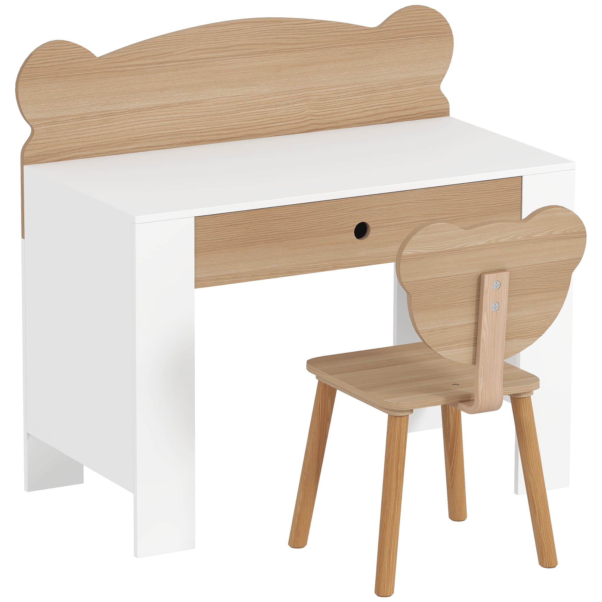 AIYAPLAY Secretária para Crianças com Cadeira em Forma de Ursinho Secretária Infantil com Gaveta para Estudar Ler e Desenhar Branco e Madeira