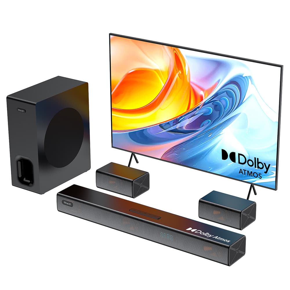 Hiwill A51 Pro 5.1 Channel Soundbar Subwoofer Speaker Kit, Dolby Atmos, Subwoofer sem fio de 6,5'', 9 drivers, potência de pico de 420 W