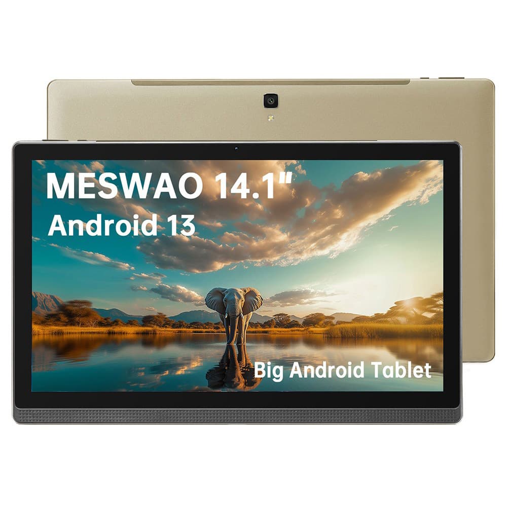 Tablet MESWAO B1 de 14,1 polegadas, 6 GB de RAM, 128 GB de armazenamento, plugue europeu, cor dourada.