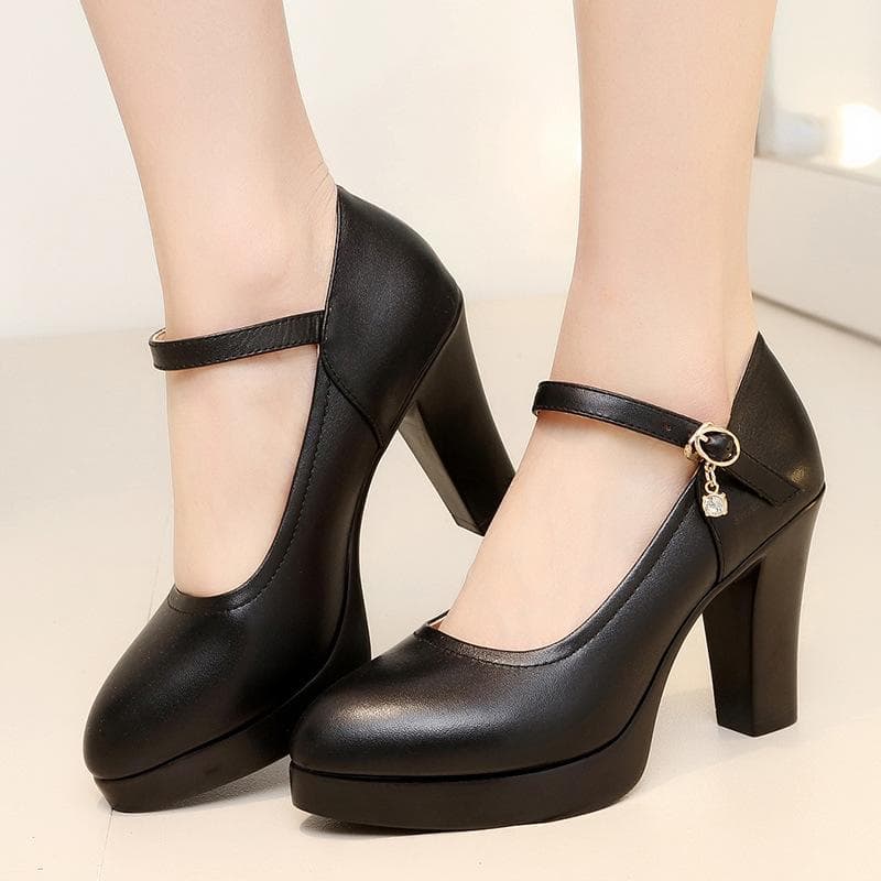 Sapatos de trabalho de couro de salto grosso de 8cm femininos sapatos de salto alto cm branco