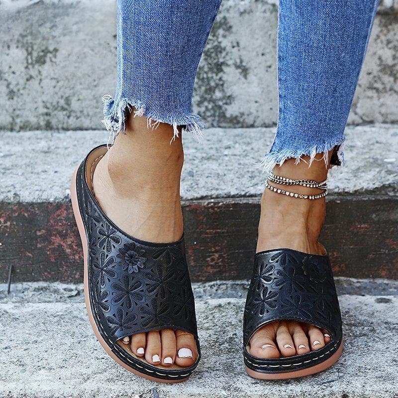 Sandálias femininas de verão, sandálias de cunha premium, ortopédicas, dedo aberto, vintage, antiderrapante, couro, casual, plataforma feminina,