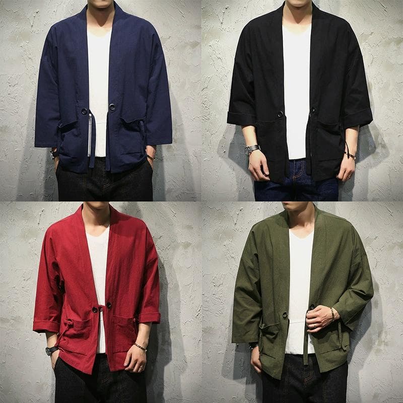 Cardigan Masculino de Moda Mistura de Algodão Linho Jaqueta Kimono Bordada Samurai cm