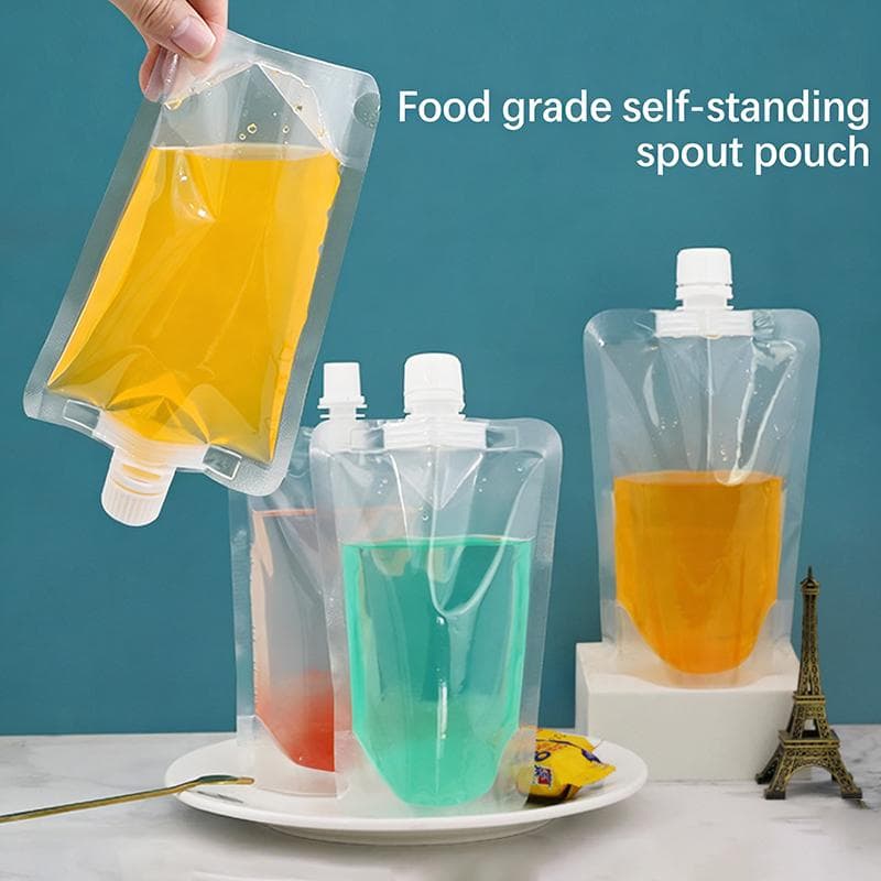 100 Peças Bolsa Stand Up com Bico Líquido / Recipiente Plástico Transparente para Bebidas Bolsas com Bico para Armazenamento de Suco