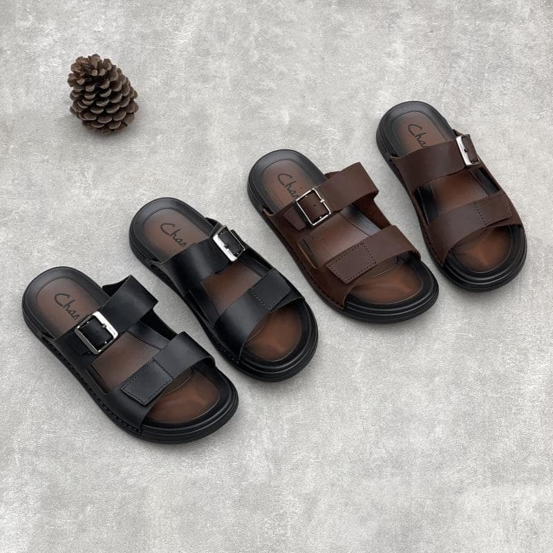 Sandálias de Couro Genuíno de Verão para Homem Simples e Respiráveis Chinelos Casuais Sapatos de Couro de Vaca Macio com Solado Macio cm café