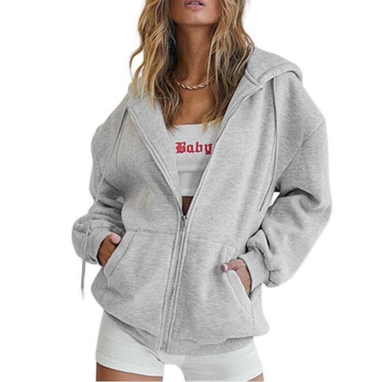 Outono Inverno Feminino Veludo Fino Roupa Esportiva Moletom com Capuz Oversized Casual Manga Longa Cor Sólida Blusões Casaco com Cordão e Zíper