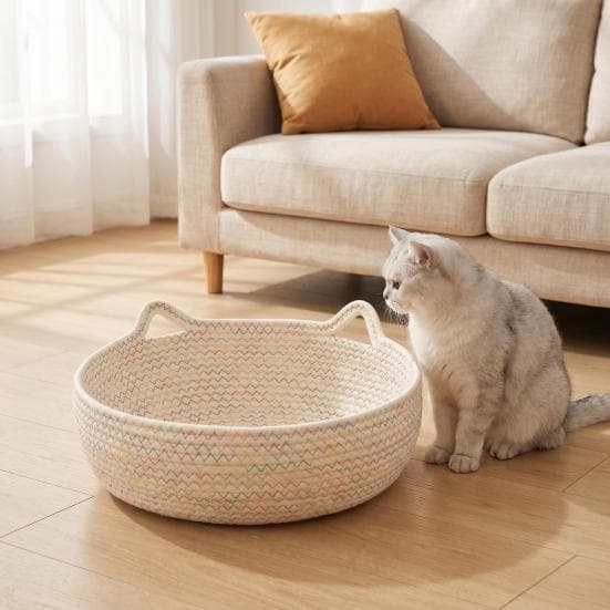 Cat Bed Basket Cotton Rope Pet Bed with Cat Ear Design Handwoven Sleeping Basket for Cats Puppies Rabbits Small Pets