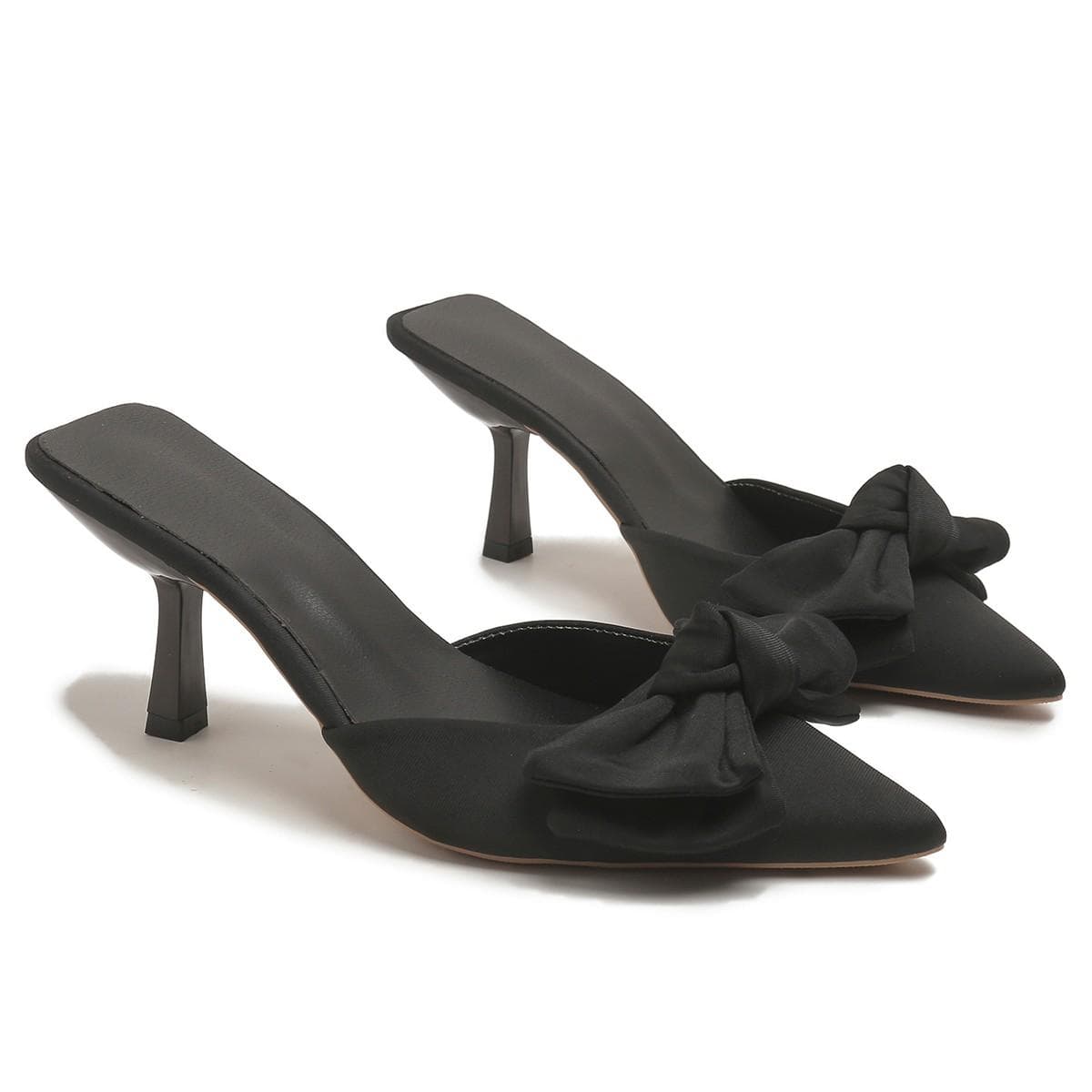 Novo estilo borboleta-nó mulas chinelos femininos elegantes bico fino salto alto fino senhoras moda verão festa baile sapatos cm preto