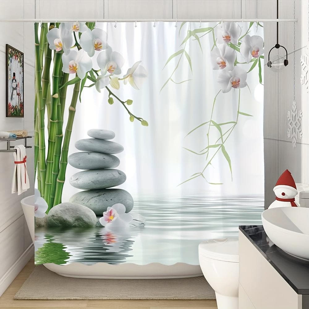 Cortina de Chuveiro Impermeável com Design Inspirado em Zen Apresentando Pedras Empilhadas Bambu e Orquídeas para um Banheiro Relaxante
