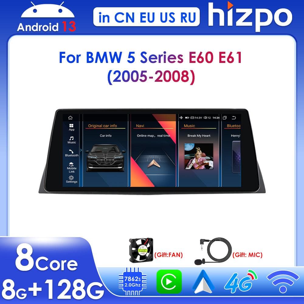 Rádio de Carro Android 2din Hizpo Reprodutor de Vídeo Multimídia para BMW Série 5 E60 E61 E63 E64 Série 3 E90 E91 E92 E93 Estéreo GPS Carplay 4G