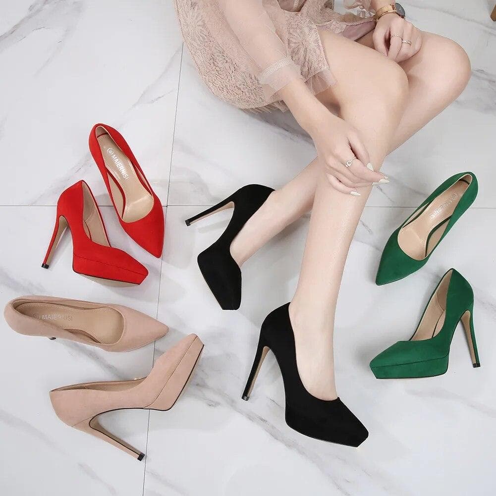 Modelo de moda passarela banquete sapatos femininos plataforma à prova dwaterproof água camurça sexy vermelho salto alto sapatos tamanhos grandes