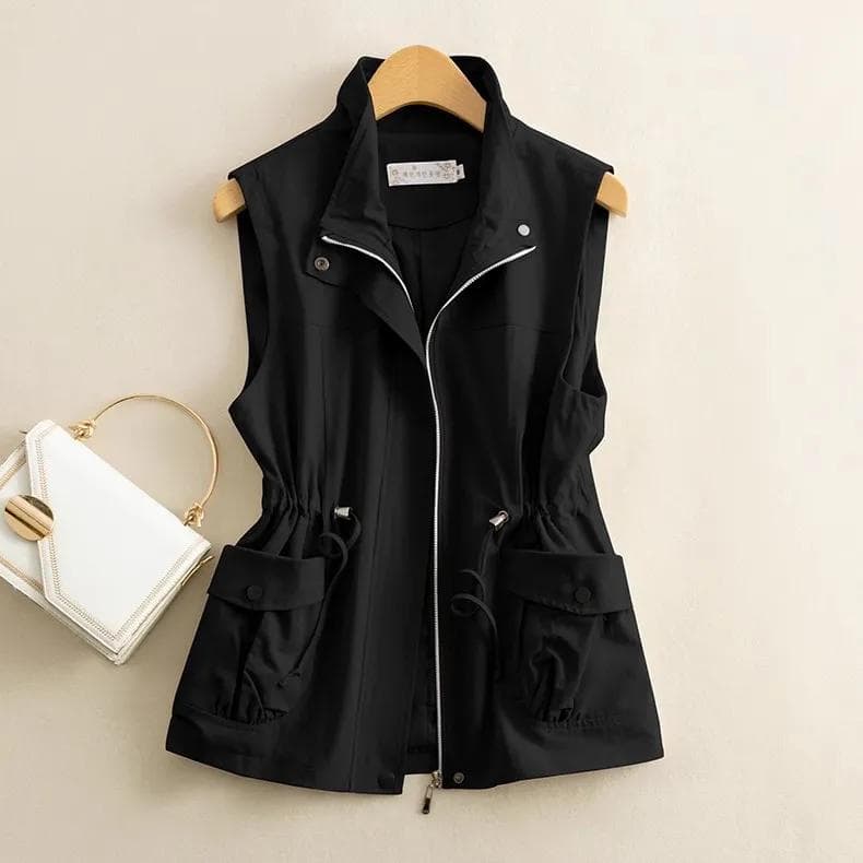 Colete Curto Feminino Primavera e Outono Roupa Exterior Casual Colete Mãe de Meia-idade Solto Colete de Algodão Colete cm caqui