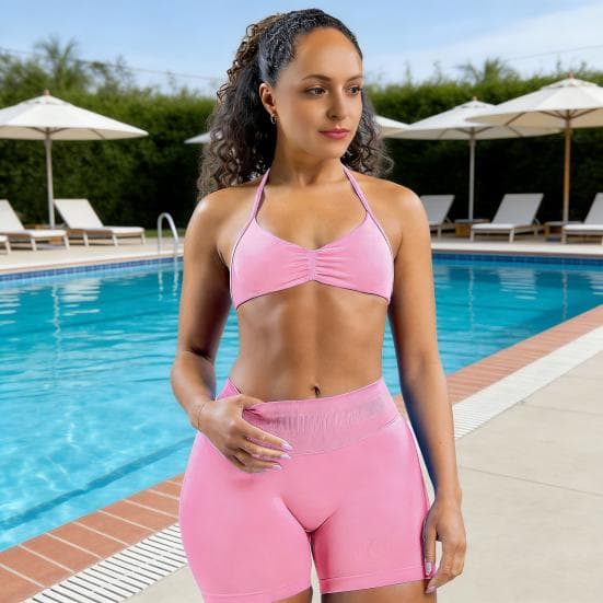 Conjuntos de Treino de 2 Peças Sutiã Nadador Costas Nuas e Shorts Esportivos de Tiras Altas para Mulheres Cintura Coxas cm cor-de-rosa