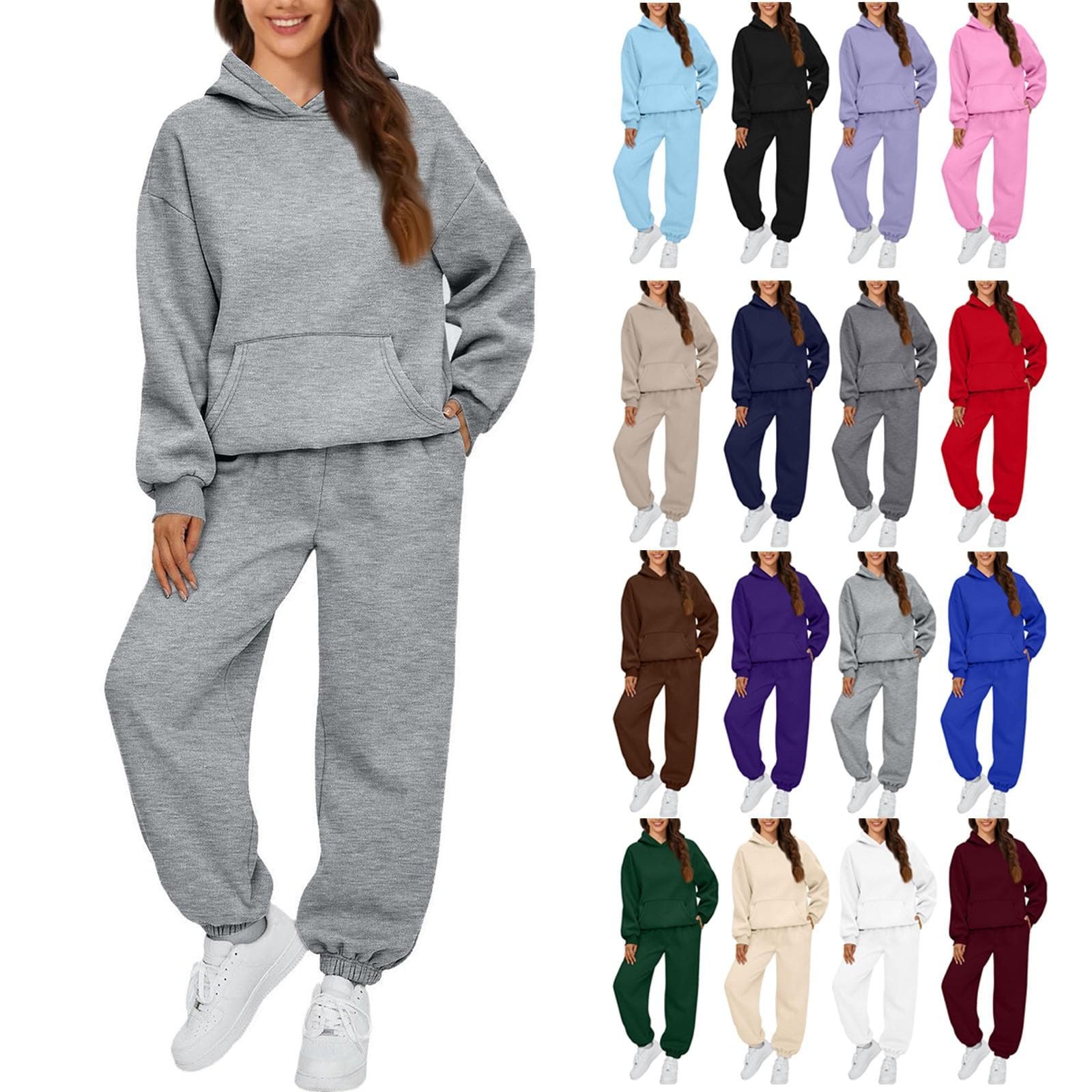 Conjunto de moletom com capuz feminino, 2 peças, moletom grande, folgado, moda outono, calça de moletom com bolsos cm roxa escura